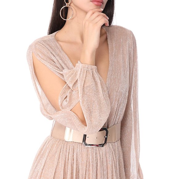 Nude sheer detail long sleeve belted Elegant Dress - Picture 3 of 7